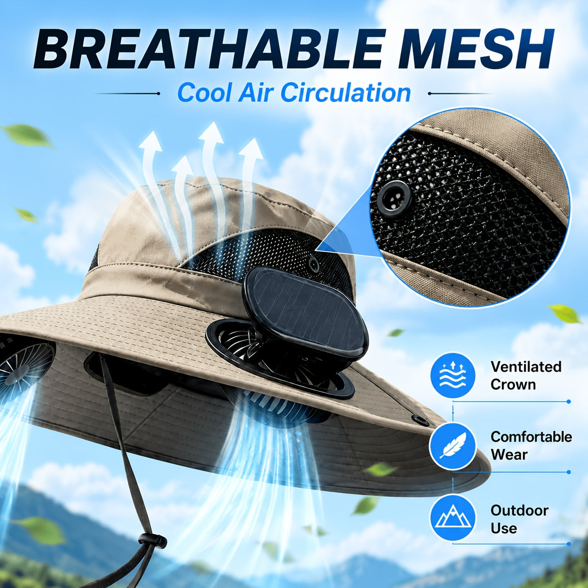 Fan Hat for Men And Women, Solar Wide Brim Sun Hat with Dual Cooling Fans, Adjustable Airflow Outdoor Hat for Summer Travel, Gardening, Hiking, Camping And Yard Work (Single Hat Without Fan/ 2 Fan)