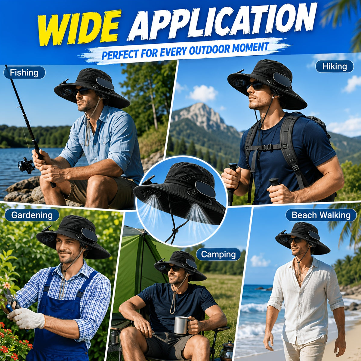 Fan Hat for Men And Women, Solar Wide Brim Sun Hat with Dual Cooling Fans, Adjustable Airflow Outdoor Hat for Summer Travel, Gardening, Hiking, Camping And Yard Work (Single Hat Without Fan/ 2 Fan)